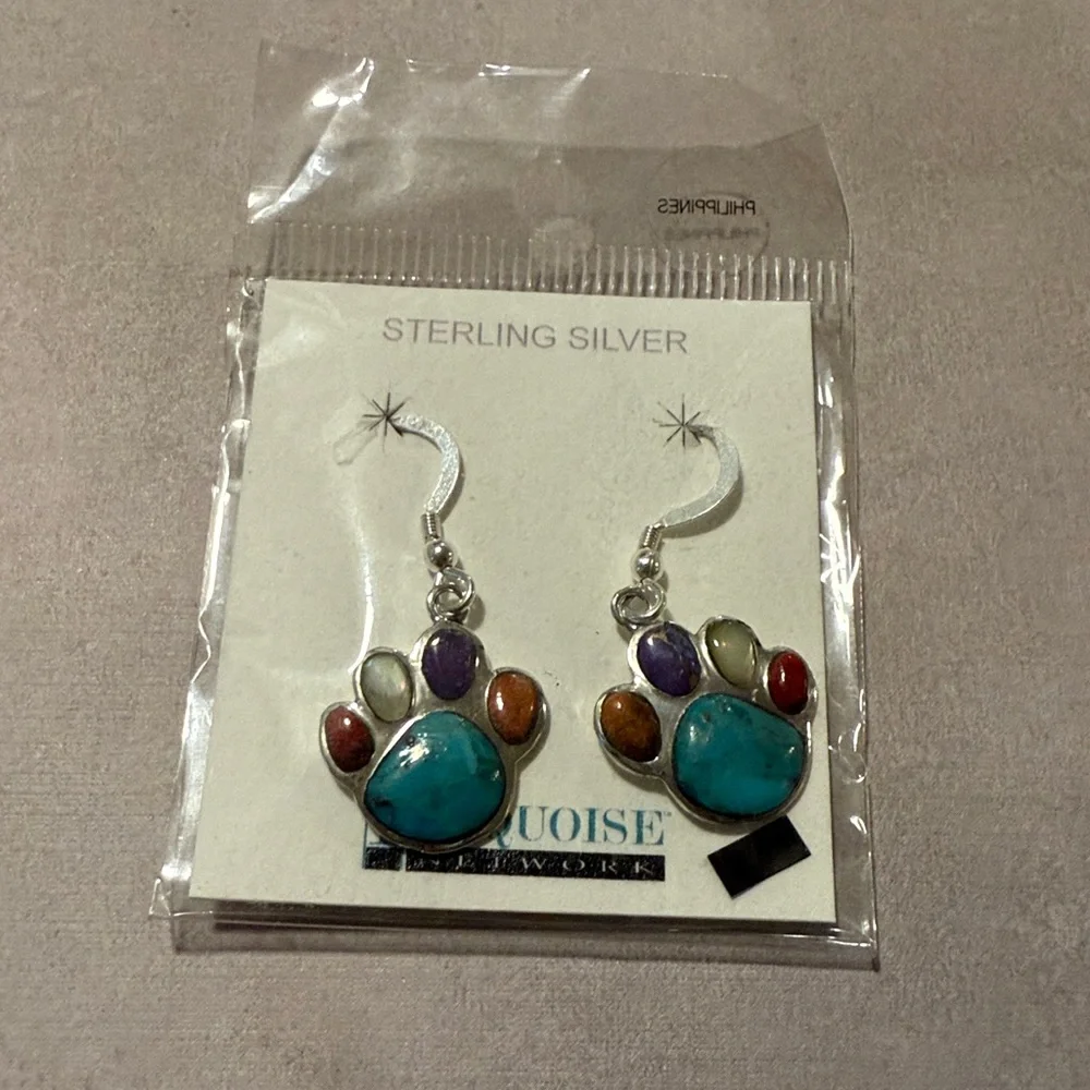 Sterling Silver Paw Earrings with Turquoise - Picture 1 of 3